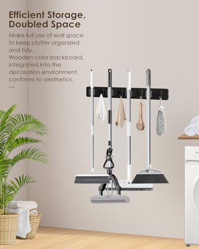 AceMining Broom Holder Wall Mounted, Black 4 Holders and 4 Hooks Mop Holder, Wooden Mop and Broom Holder with Anti slip rubber, Natural pine wood Brush Holder, Mop Wall Holde with Nail installation - color: Black, size: 1 Pack
