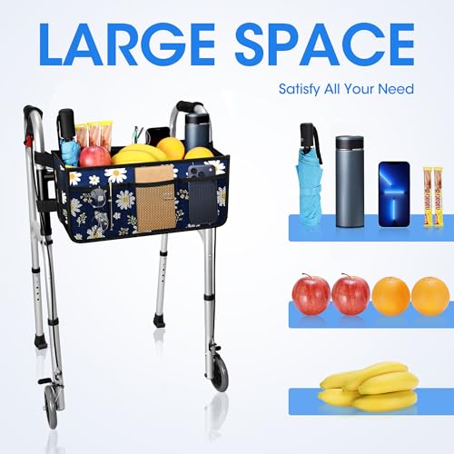 Dotday Upgraded Walker Basket with Cup Holder, Foldable Walker Bag with Large Capacity & Never Tipping Over- Not Fit for Rollator - color: Blue