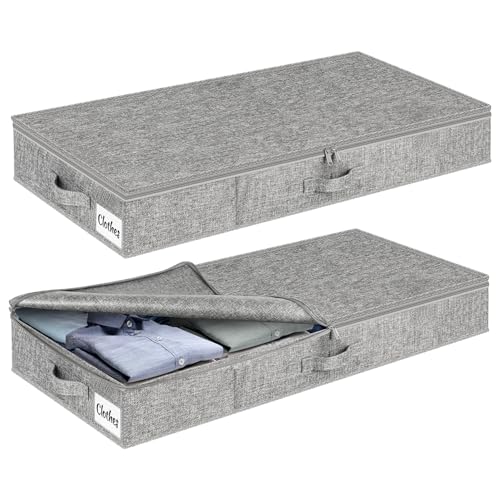 Under Bed Storage Container Bins 2 Pack, 4.5 Inch Slim Low Profile Underbed Clothes Storage Organizer for Dorm & Home, Use for Blanket and Toy Storage Box W/ Sturdy Bottom/Sides, Foldable Thick Fabric - color: Grey-2 Pack, size: 4.5in-Slim
