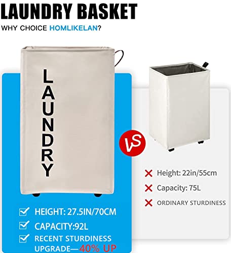 92L Large Laundry Hamper with Leather Handle,Standable Laundry Basket with Wheels ,Large Hamper,Rolling Laundry Basket White - color: Beige/XXL, size: Super Large 27.5"