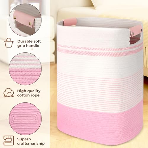 AINUOQI Laundry Basket with Handles - Blanket Basket & Hampers for Bedroom Aesthetic, Laundry Hamper & Blanket Storage for Living Room, Clothes Hamper, Tall, Large 17" x 14" x 22”, Pink & White - color: Pink & White, size: 85L