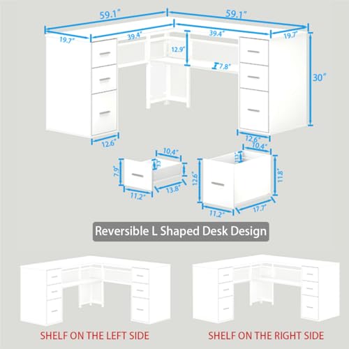 HSH White L Shaped Desk with Drawers Shelves, Large Home Office Corner Computer Desk with Storage File Cabinet, Modern Metal Wood Desk for Executive Writing Study Workstation, 59 Inch Bedroom Table - color: White Oak
