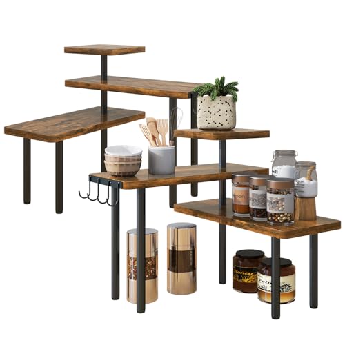 IBUYKE Kitchen Countertop Organizer,Set of 2,3-Tier Wooden Spice Racks,Bathroom Counter Organizer,Rotating Adjustable,Corner Shelf for Kitchen,Coffee Bar, Cabinet, Desk,Rustic Brown,TLJ023H-2 - color: Brown, size: 2 pack (Improved)
