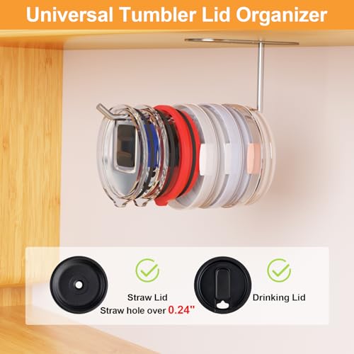 2 Pack Tumbler Lid Organizer, Space Saving Cup Lid Organizer for Yeti/Stanley/Simple Modern Tumbler Lids, Self-Adhesive or Drilling Tumbler Lid Hook for Kitchen Organizers and Storage - color: Silver+Silver