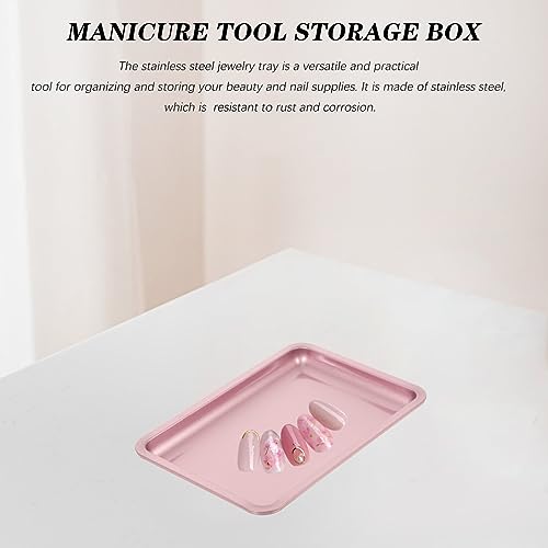 Beavorty Stainless Steel Jewelry Tray Pink Ring Holder Multi-Functional Nail Tool Organizer Trinket Storage Plate with Stable Feet 7X5 Inches - color: Pink