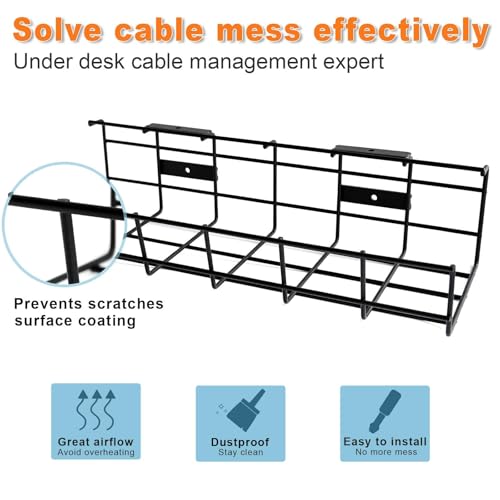 Under Desk Cable Management- 4 Pack Cord Organizer. Metal Wire Cable Management Tray for Office, Studio and Home. Super Sturdy Under Table Cable Managements - Black Cable Organizer - color: Black*4Pack