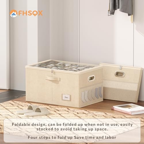 2 Pack Shoe Organizer for Closet Large Shoe Box Storage Containers with Clear Window Space Saving Shoe Bin with Foldable Bottom Support Adjustable Dividers Fits 36 Pairs (Beige, (24.4*16.5*13inch)x2) - color: Beige, size: (24.4*16.5*13inch)x2