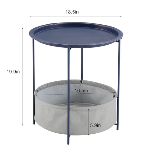 VECELO Round Side/End Table with Fabric Storage Basket，Metal Anti-Rust and Waterproof Small Bedside Nightstand with Removable Tray Top for Living Room，Balcony & Laundry，Blue /2pcs with Basket - color: Blue, size: 2 PCS with Basket