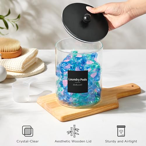 Glass Laundry Pods Container & Acrylic Dryer Sheet Holder with Balck Bamboo Knobs Lids, Scoops & Labels | Premium Laundry Room Organization and Storage for Detergent Pods, Powder, Dryer Balls & Beads - color: Black Cap with handle