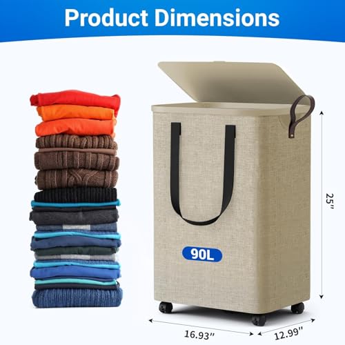 Laundry Basket with 5 Wheels, Tall Dirty Laundry Hamper, Rolling Laundry Basket with Lid, Large 90L Collapsible Clothes Hamper for Laundry Room Bedroom Bathroom Dorm, Khaki - color: khaki, size: 90L