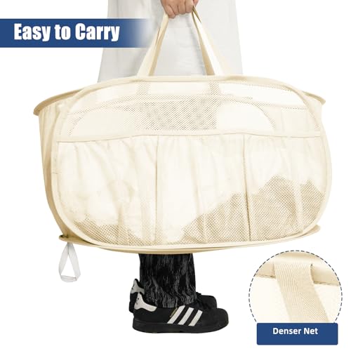Collapsible Laundry Baskets, Upgrade Pop Up Laundry Hamper with Convenient Bags, Foldable Laundry Basket Mesh Light Weight, Easy to Carry Clothes Hampers for Laundry, Dorm, Toys, Travel Beige - color: Beige