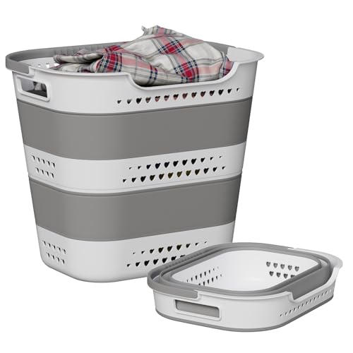 Collapsible Plastic Laundry Basket Hamper with Handles, Large 42L Portable Rubber Clothes Basket, Pop Up Storage Container/Organizer for Washing & Storage, Grey - color: Grey, size: 42L