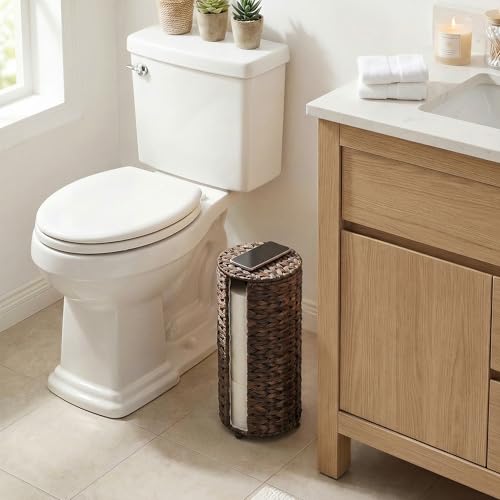StorageWorks Free Standing Wicker Toilet Paper Holder Stand for Bathroom Storage, Decorative Water Hyacinth Toilet Paper Storage with Lid, 3 Rolls of Tissue Holder with a Built-in Cloth Lining, Brown - color: Brown（water Hyacinth）, size: 6¾"D(For 3 Roll)
