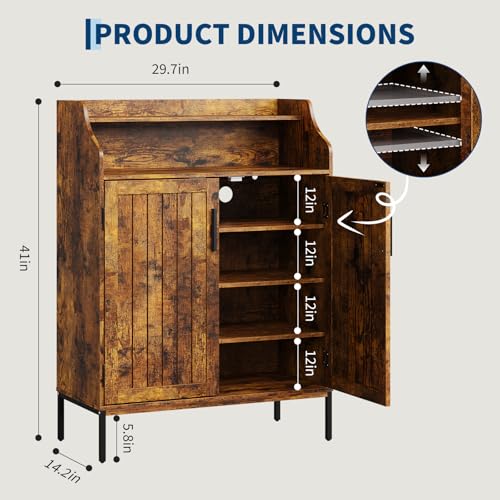 Patikuin Shoe Storage Cabinet for Entryway, 5-Tier Brown Shoes Cabinet w/Doors and 3 Adjustable Shelves, 41" Tall Wood Shoe Rack for Closet, Modern Shoes Organizer for Entryway, Hallway, Living Room - color: Brown