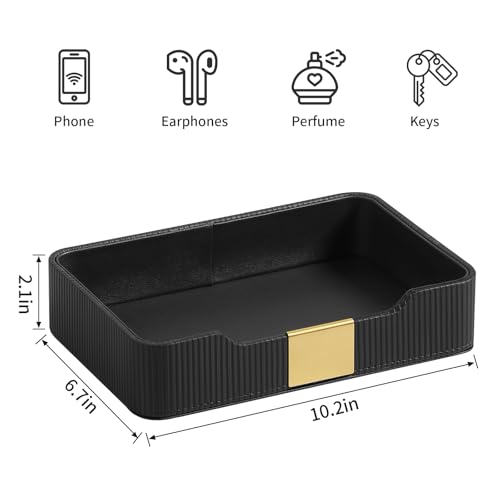 Valet Tray Desktop Storage Organizer, PU Leather Catchall Bedside Vanity Tray with Brass Accents Block Nightstand Organizer for Keys Watch Wallet Phone, Decorative Nightstand Storage (Black) - color: Black