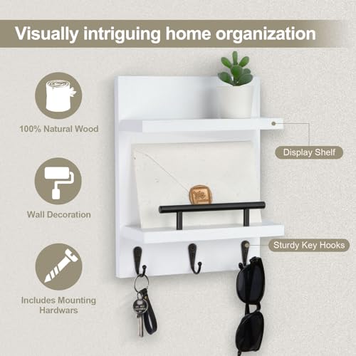 Key Holder Wall Mount, Mail Shelf Decor with 3 Key Hooks, Versatile Wood Wall Organizer for Entryway Hallway (8.2” x 10.6”x 3.6”) (White) - color: White