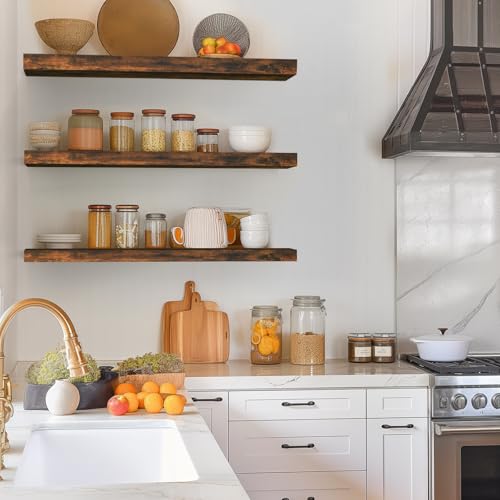 BAYKA Floating Shelves for Wall, Set of 3, 36 Inches Wall Mounted Wood Shelves for Bathroom, Bedroom, Living Room or Kitchen, Hanging Shelf for Books/Storage/Decor with 30lbs Capacity, Rustic Brown - color: B. Rustic Brown - Americana Farmhouse Style, siz