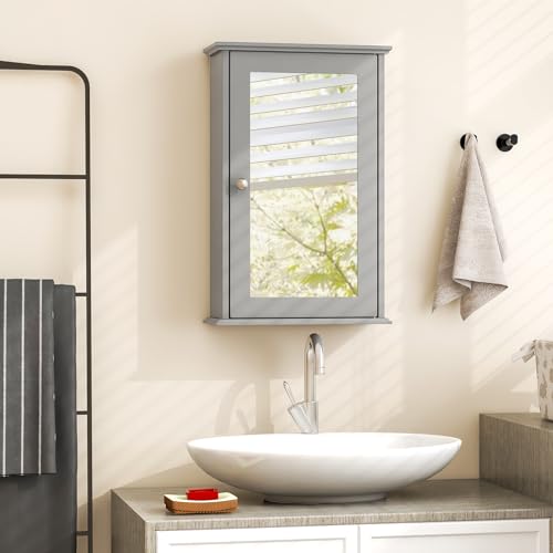 Tangkula Bathroom Medicine Cabinet with Mirror, Wall Mounted Single Mirror Door Storage Cabinet w/Adjustable Shelf, Wall Cabinet w/Reversible Door for Bathroom Living Room Hallway (Grey) - color: Grey