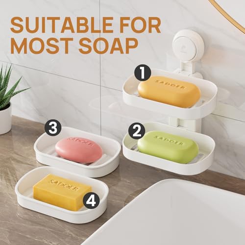 LEVERLOC Soap Dish Holder for Shower, Double Layer Suction Cup Wall Mounte Self Draining Removable Waterproof Strong Suction Bar Soap Holder for Shower, White - style: 2 tiers White