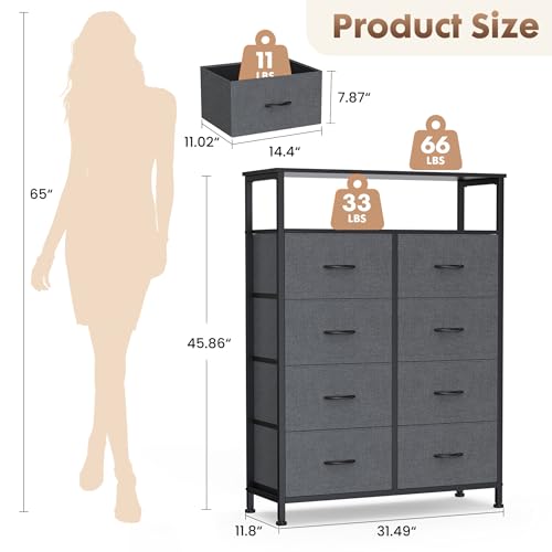 DUMOS Fabric Dresser for Bedroom with 8 Drawers, Tall 8-Drawer Chest of Drawers with Raised Shelf, Storage Tower with Fabric Bins for Closet Organization, Hallway Storage, Grey - color: Grey, size: 31.5"D x 45.9"W x 11.8"H (8 Drawers)