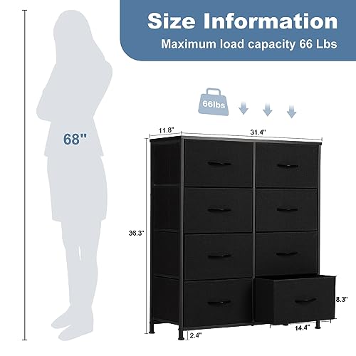 DUMOS Dresser for Bedroom with 8 Drawers, Clothes Drawer Fabric Closet Organizer, Cloth Dresser with Metal Frame and Wood Tabletop Chest Storage Tower for Kids Room, Nursery, Living Room, Entryway - color: Black, size: 12"D x 32"W x 36"H (8 Drawers)