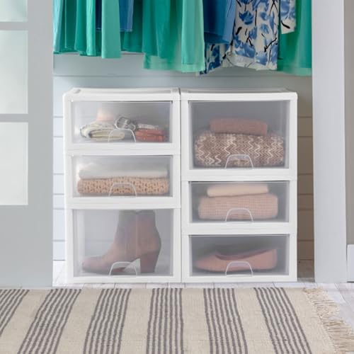 Sterilite 4-Pack Stacking Drawer, Clear Storage Organizer Containers, 27 Quart, White Frame - Stackable and Modular Plastic Drawers for Shoes, Clothes, Accessories, Supplies, Bedding, and Linens - size: 27 Quart, style: 4 Pack