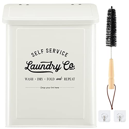 MONJITA Magnetic Lint Bin for Laundry Room, Metal Trash Can with Lid for Dryer, Farmhouse Lint Holder, Laundry Co Sign, Laundry Room Storage Decor with Dryer Lint Brush(White) - color: White