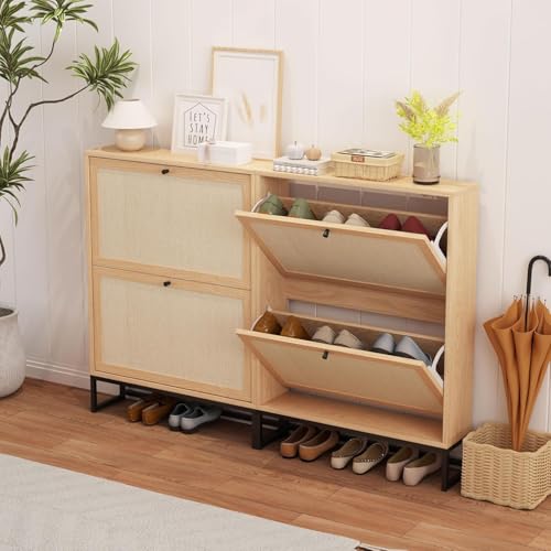 Shoe Cabinet Storage for Entryway, Hidden Narrow Shoe Cabinet with Flip Drawers, Freestanding Shoe Rack Organizer with Metal Base (Natural, 2-Drawer-No Divider) - color: Linen-natural, size: 2-Drawer-No Divider