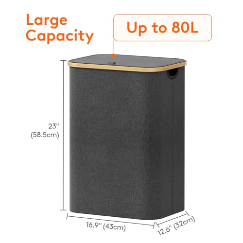 Lifewit 80L Laundry Basket with Lid, Clothes Hampers for Laundry with Bamboo Handles and 1 Removable Bag, Large Foldable Laundry Hamper for Bedroom, Bathroom, Dorm, Laundry Room, Dark Gray - color: Dark Gray, size: 80L