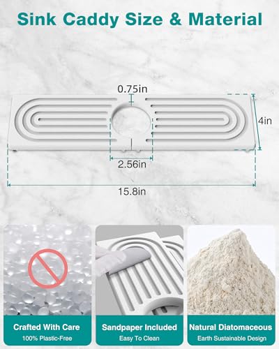 Stone Faucet Mat for Kitchen Sink, Diatomite Sink Protectors - Prevent Moisture Drying Stone Tray Fit Kitchen Counter & Bathroom Counter (White, 15.8" x 4") - color: White, size: 15.8" x 4"