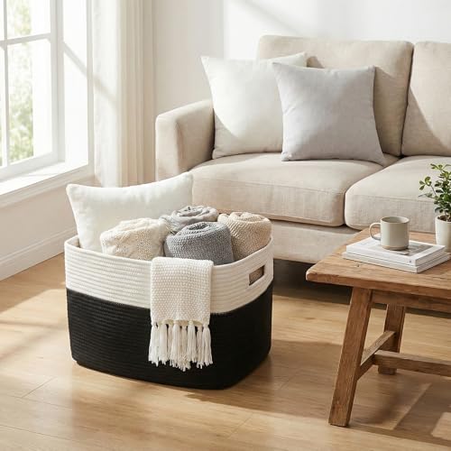 JMvicyroam Woven Blanket Basket,96L Large Storage Bin for Blankets Toys Clothes,Decorative Rope Basket for Living Room Bedroom with Handles, White&Black - color: White&Black, size: 96L