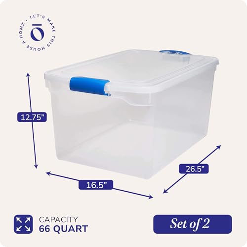 HOMZ 2-Pack Latching Lid, Large Clear Plastic Storage Bins with Lids, 66 Quart, Blue Latch - Stackable Container Boxes for Home, Bathroom, and Office Organization - color: Blue, size: 66 QT (2 Pack)