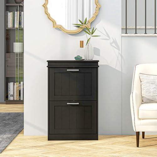 HOMCOM Narrow Shoe Cabinet with 2 Flip Drawers, Modern Freestanding Shoe Storage Cabinet with Adjustable Shelves for Entryway, Hallway, Black - color: Black