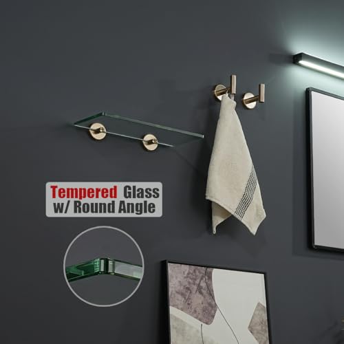 JQK Bathroom Glass Shelf, Tempered Glass Shower Storage 12 by 5 inches, 304 Stainless Steel Champagne Bronze Wall Mount, TGS101L12-CB - color: Champagne Bronze, size: 12 Inch (1 Pack)
