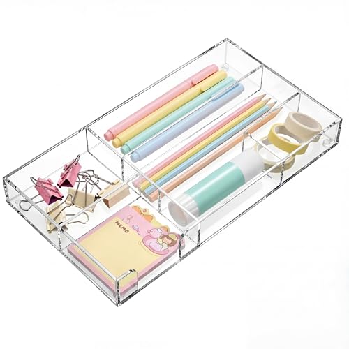 Briwooody Clear Acrylic Desk Drawer Organizer 11 x 6.1 x 1.38 Inch Storage Tray Organizer for Pens, Stationery, Desktop, Office, Bathroom, Kitchen, Makeup Supplies (6 Compartments) - color: Transparent, size: 11 x 6.1 x 1.38 Inch, style: 6 Compartments