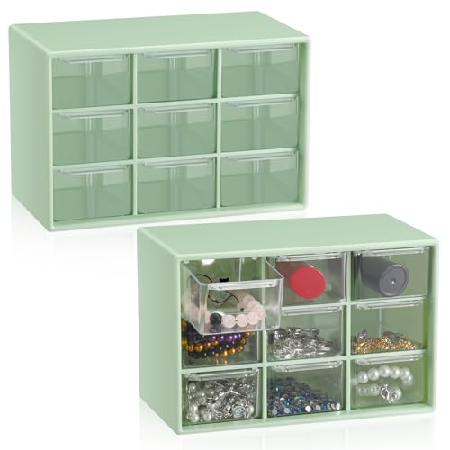 Wenqik 2 Pcs Mini Storage Drawers Teacher Toolbox Organizer with 9 Clear Drawers Small Plastic Desktop Teacher Desk Craft Organizer for Classroom Office 7" x 3. 9" x 4. 7"(Green) - color: Green