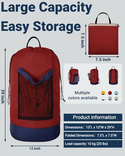 Laundry Bag with Shoulder Straps and Mesh Pocket Laundry Backpack Large Portable Laundry Hamper for College Laundromat Apartment - color: Red & Blue