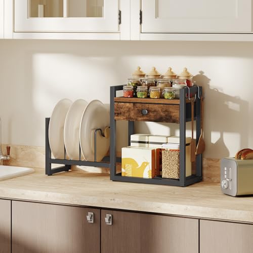 MAHANCRIS Countertop Shelf Organizer, Pots and Pans Organizer Rack, Pot Lid Holder with 1 Drawer, Pot Lid Organizer Holder with 2 Hooks, for Kitchen, Dining Room, Rustic Brown POHR2201 - color: Rustic Brown and Black