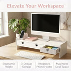 Computer Monitor Stand Riser with 3 Drawers - No Assembly White Desk Organizer & Laptop Shelf - Waterproof Desktop Storage for Home Office, School Dorm & Vanity - 3-Tier Space-Saving Design