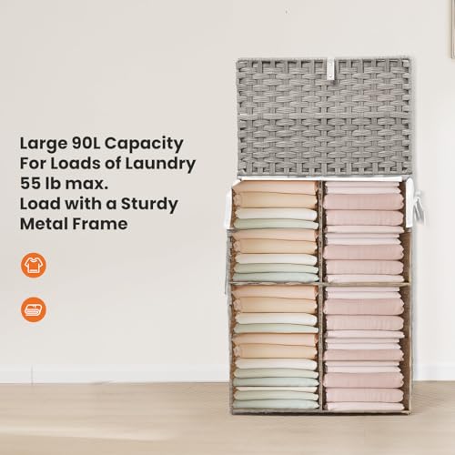 90L Laundry Hamper with Lid, Hand-Woven Pp Rattan Laundry Basket with Compartments & Handles, Removable Liner Bags,Foldable, Narrow Dirty Clothes Basket, Grey - color: 90L-Grey