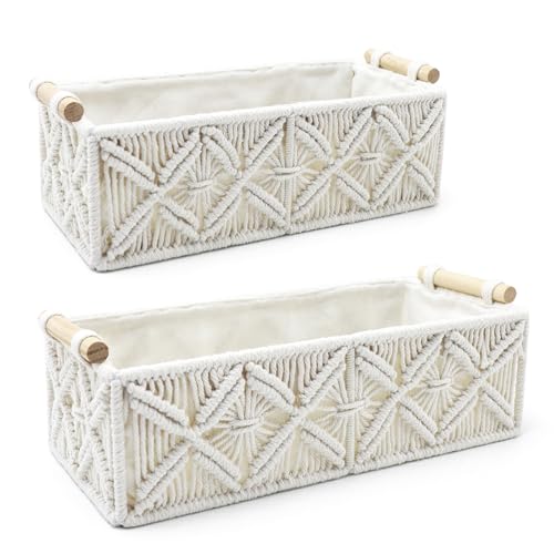 Nonam Macrame Storage Baskets, Boho Decor Style Woven Storage Boxes for Home Organization, Toilet Tank Shelf Cabinet Organizer Baskets,Set of 2 - White