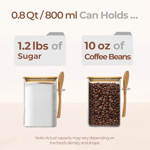 ComSaf 0.8 Qt Glass Jars with Bamboo Lids & Spoons Set of 4, Square Glass Containers with Lids, Sugar Coffee Containers Salt Spice Jars, Pantry Storage Container for Loose Tea, Candy, Brown Sugar, Nut - size: 0.8Qt*4