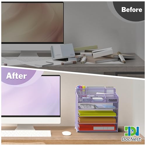 Docnest 5 Tier Mesh Desk Organizer for Paper Office Supplies – Multi-Functional Letter Tray with 5 Adjustable Compartments, 3 Pen Holders, Desktop Storage for Files, Mail, Stationery – Purple - color: Purple, size: 12.7" x 9.1" x 13.2"
