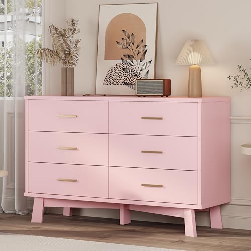 Xixini Dresser for Bedroom, 6 Drawer Wide Modern Chest of Drawers with X-Shaped Sturdy Base, Wood Double Dresser Closet Clothes Storage Organizer, Wooden TV Stand for Living Room, Hallway, Pink - color: Pink, size: 15.6"D x 47.2"W x 29.5"H (6 Drawers)