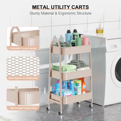 EAGMAK 3 Tier Utility Rolling Cart, Metal Storage Cart with Handle and Lockable Wheels, Multifunctional Storage Organizer Trolley with Mesh Baskets for Kitchen, Living Room, Office, Garage (Beige) - color: Beige, size: Normal