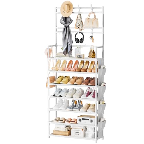 OYREL Shoe Rack 7 Tier Shoe Organizer Storage 21-28 Pairs Closet Shoes Rack for Front Door Entrance Shoe Rack Organizer with Hooks Side Pocket Entryway Large Capacity Shoe Shelf Tower Garage - color: White, size: 7 Tier (23.6"Wx 65.4"H)