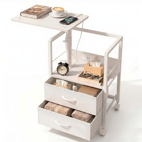 Faesun Swivel Lift Top Nightstand with Charging Station, Rolling Side Table for Recliner, Bedside Table with Wheels & 2 Fabric Drawers, for Small Spaces, for Bedroom, Living Room, White - color: White, size: 2 Drawers