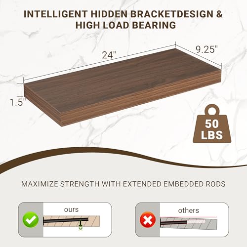 Acovy 24 Inch Floating Shelves, 24"x9.25"x1.5" Inch Deep Floating Shelves for Wall, Wooden Shelves for Bathroom, Bedroom, Living Room, Walnut, 2 Pieces - color: Walnut, size: 24"x9.25"-2pcs