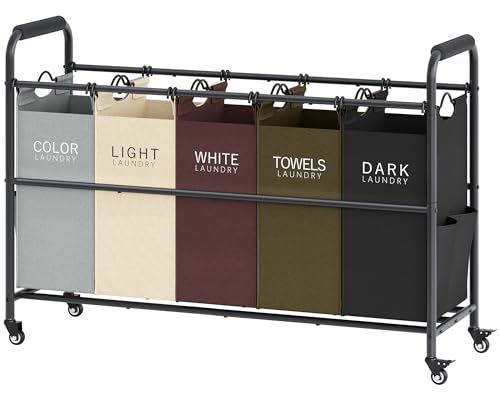 Tajsoon 5 Bag Laundry Sorter Cart, Laundry Hamper Sorter Basket with Heavy Duty Lockable Rolling Wheels for Clothes Storage, 5 Colors - color: Assorted