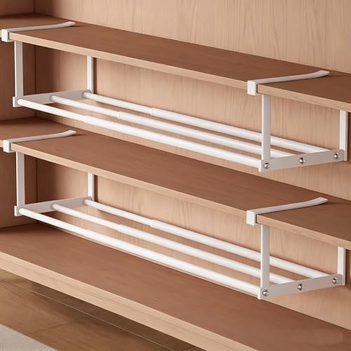 Under-Shelf Expandable Shoe Rack Organizer, White Metal, 40-70cm Width Adjustable, Cabinet Storage for Closet (2 Pcs)